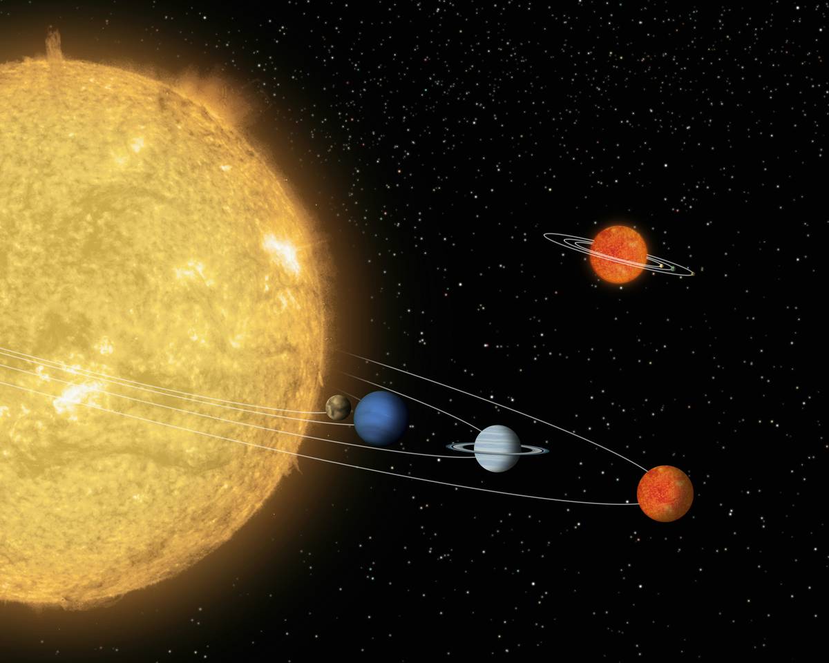 Itsy Bitsy Solar System Caption This artist's conception compares a hypothetical solar system centered around a tiny "sun" (top) to a known solar system centered around a star, called 55 Cancri, which is about the same size as our sun. NASA's Spitzer and Hubble Space Telescopes and two telescopes in the Chilean Andes, the Blanco telescope of the Cerro Tololo Inter-American Observatory and the Gemini South telescope, discovered the beginnings of such a miniature solar system 500 light-years away in the Chamaeleon constellation. Credits NASA/JPL-Caltech